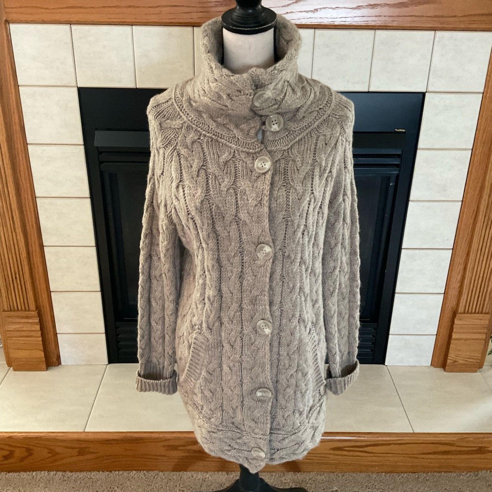 Dex 1963 Chunky Fisherman Cable Knit Button-UP Cardigan/Coatigan, Women’s Sz S/P